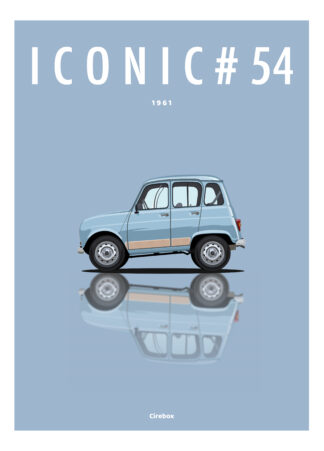 Affiche Iconic : illustration d'une voiture de collection bleu clair de profil sur fond bleu, "ICONIC #54 1961" en haut et "Cirebox" en bas. La voiture se reflète sur la surface en dessous.