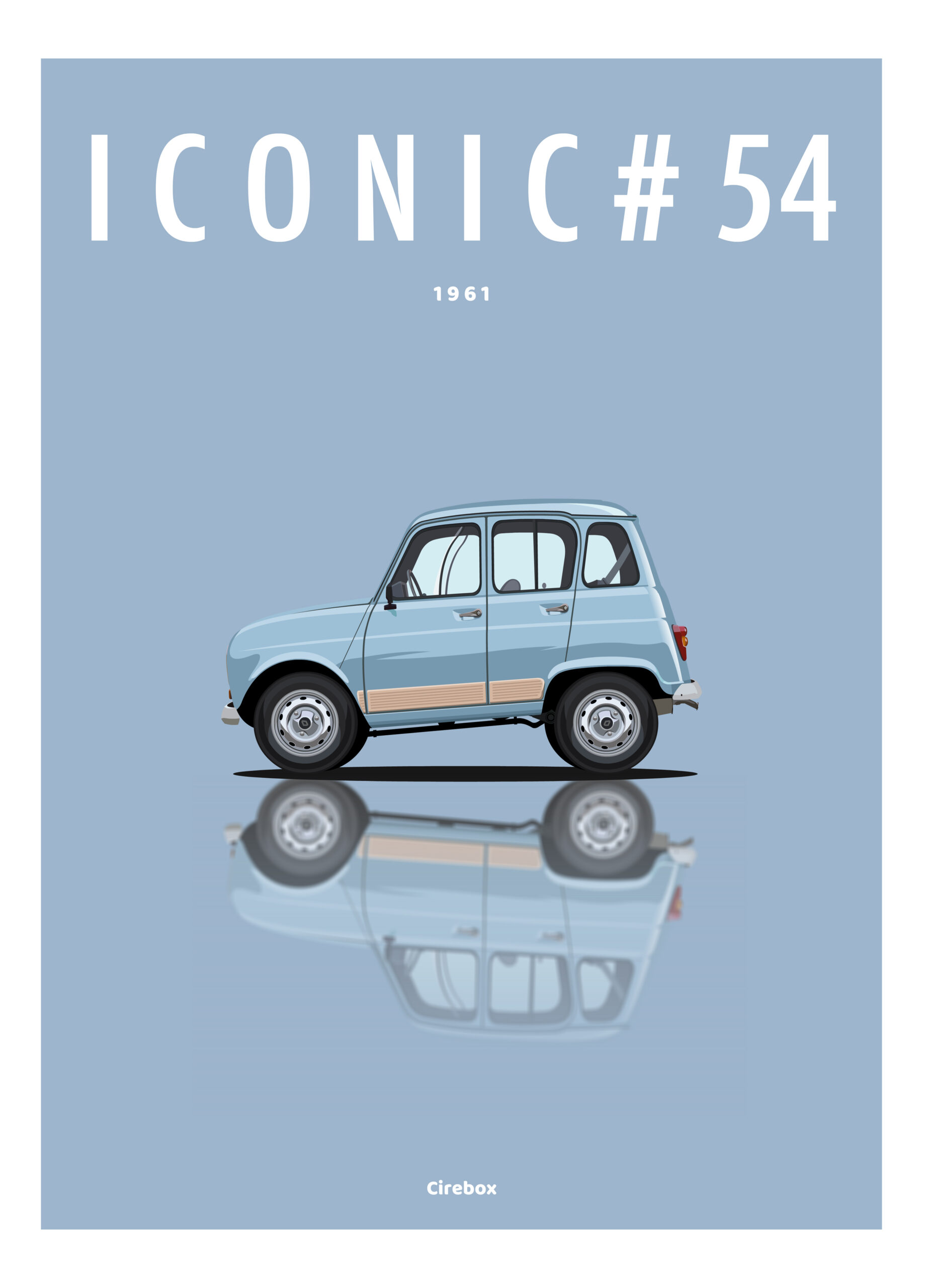 Affiche Iconic : illustration d'une voiture de collection bleu clair de profil sur fond bleu, "ICONIC #54 1961" en haut et "Cirebox" en bas. La voiture se reflète sur la surface en dessous.
