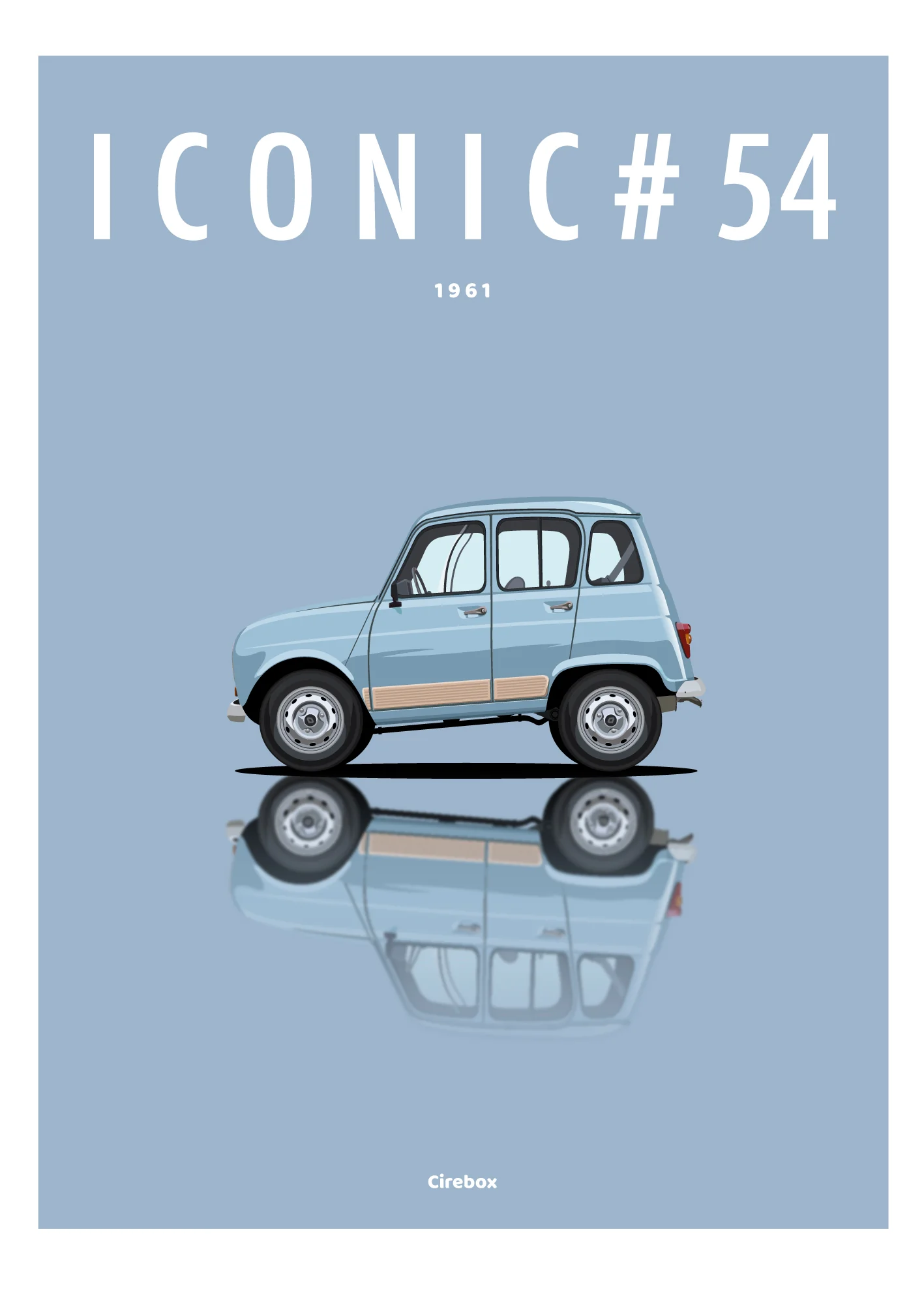 Illustration d'une voiture de collection bleu clair, vue de côté, avec son reflet en dessous. Le texte au-dessus indique "ICONIC #54" et "1961" sur un fond bleu mat. Le mot "Cirebox" apparaît en bas.