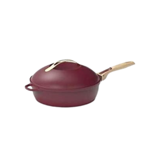 La Poêle Fabuleuse 28 cm est une poêle à frire marron avec un couvercle assorti et un manche en bois clair, présenté sur un fond blanc.