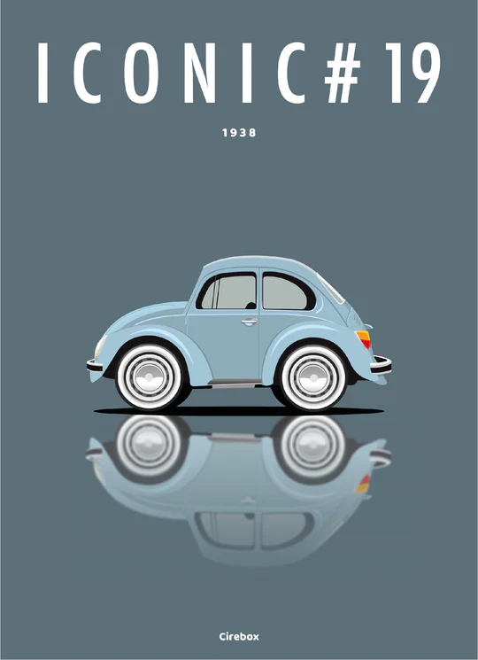 Illustration minimaliste d'une voiture classique Volkswagen Beetle bleu clair avec son reflet en dessous, sur un fond gris. Le texte au-dessus indique "ICONIC #19 1938.