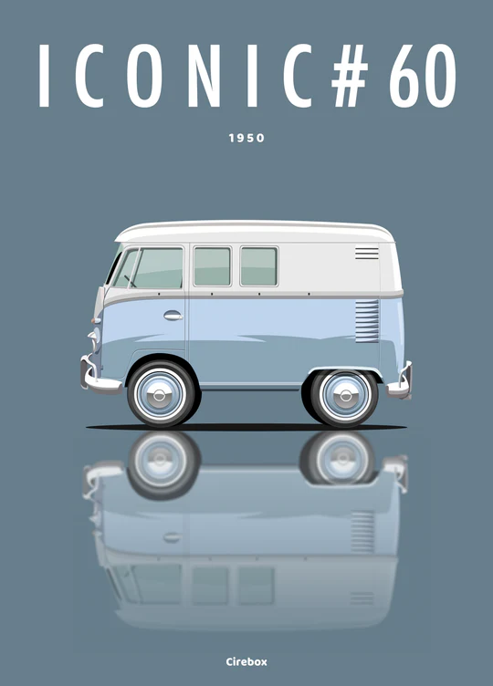Illustration d'une camionnette vintage bleu clair et blanche avec le texte "ICONIC #60, 1950" au-dessus. La camionnette se reflète en dessous, le tout sur un fond bleu mat. La mention "Cirebox" apparaît en bas.