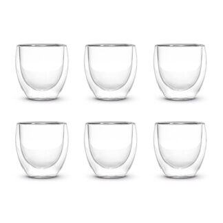 Lot de six gobelets identiques en verre à double paroi de 80 ml (Lot 6 Verres 80 ml) disposés en deux rangées de trois sur fond blanc. Chaque gobelet est transparent et vide.