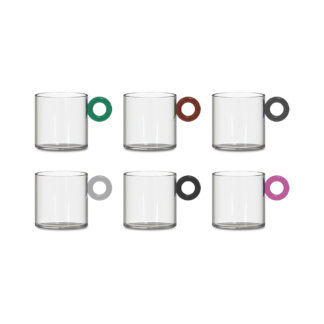 L'ensemble Lot 6 Tasses Café 100 ml comprend six tasses en verre transparent, chacune dotée d'une anse circulaire de couleur unique - vert, brun, gris, gris clair, noir et rose - dans un design moderne et minimaliste.