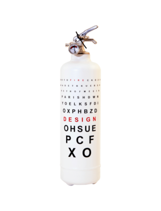 L'extincteur Extincteur Vin Rouge blanc est muni d'une étiquette en forme de carte oculaire portant la mention "DESIGN" en lettres rouges au milieu de lettres noires, ainsi que d'un manomètre et d'une poignée en métal sur le dessus.