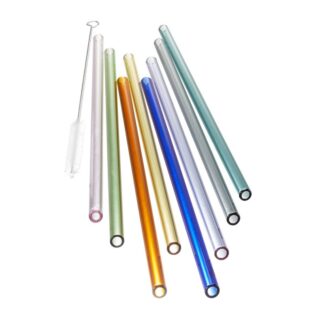 Le set Pailles Verre 23 cm x8 est composé de pailles en verre colorées et réutilisables, disposées en éventail, accompagnées d'une petite brosse de nettoyage sur le côté.