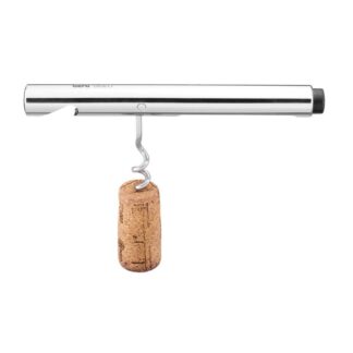 Le Tire-Bouchon SISEO, tire-bouchon métallique à manche cylindrique, tient un bouchon sur fond blanc.