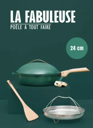 Une Poêle Fabuleuse verte de 28 cm avec couvercle, spatule en bois, passoire et poignée en bois est représentée sur un fond vert foncé avec le texte "La Fabuleuse Poêle à tout faire.
