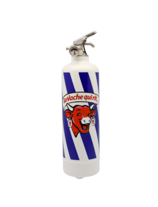 L'Extincteur Vache Qui Rit est un extincteur avec un corps blanc, des bandes diagonales bleues et un logo "La Vache qui rit" représentant une vache rouge souriante.