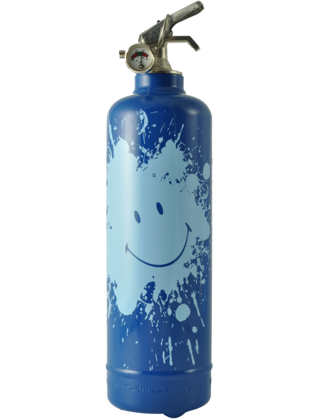 L'Extincteur Vin Rouge est un extincteur bleu de City Andernos, avec une grande éclaboussure de peinture bleu clair représentant un visage souriant et une jauge de pression près de la buse en haut.