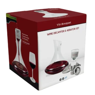 Une boîte présentant l'Ensemble carafe décanteur et verseur Area, avec des images de la carafe, du verseur et du vin en train d'être versé, avec un verre de vin rouge à côté.