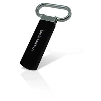 Tire-bouchon de Maître noir et argent avec une poignée rectangulaire et "VinBouquet" imprimé en blanc. Le décapsuleur est représenté sur un fond blanc avec une ombre subtile.