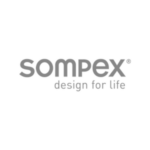 Logo gris avec le texte "sompex" en lettres minuscules et grasses, et "design for life" en caractères plus petits et plus clairs en dessous, tous deux centrés sur un fond blanc.