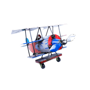 L'Avion Triplan Métal Déco est un petit modèle de triplan en métal avec des ailes de couleur aléatoire et des supports et roues noirs, présentés sur un fond blanc.