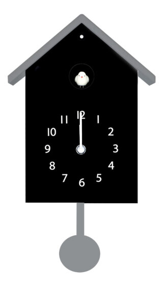 L'Horloge Coucou est un coucou noir avec des chiffres blancs, un oiseau blanc en haut, un pendule gris en bas, et ses aiguilles affichent 12:00.