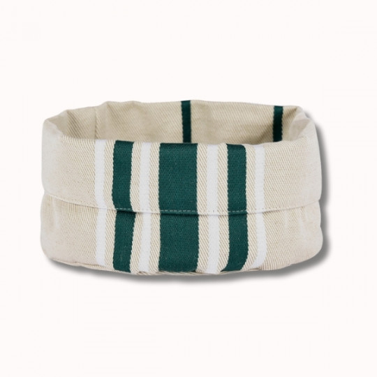 Petit panier en tissu à bord roulé, présentant des rayures verticales et horizontales de couleur beige et vert foncé, sur un fond blanc uni.