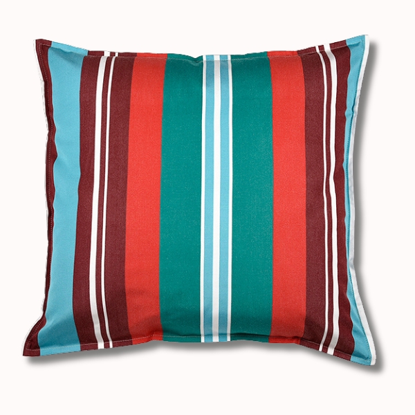 Le Coussin Outdoor 60x60 est un coussin carré présentant des rayures verticales de couleur sarcelle, rouge, marron, blanc et bleu clair sur un fond blanc. Il présente des bords soigneusement cousus et offre un design moderne et coloré.