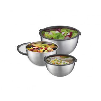 Le lot 3 Saladiers Mondi comprend trois bols en acier inoxydable avec couvercles noirs, représentés sur un fond blanc, remplis de salade, de fruits et de riz aux légumes.