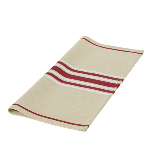 Une serviette en tissu beige pliée avec trois bandes rouges horizontales et deux fines bandes blanches au centre.