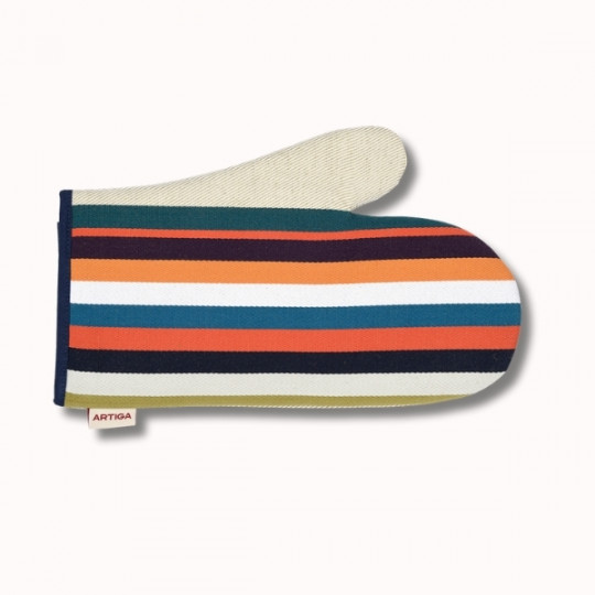 Le gant de cuisine Moufle Cuisine présente des rayures horizontales audacieuses en bleu marine, orange, sarcelle, blanc et vert olive, sur un fond blanc uni.