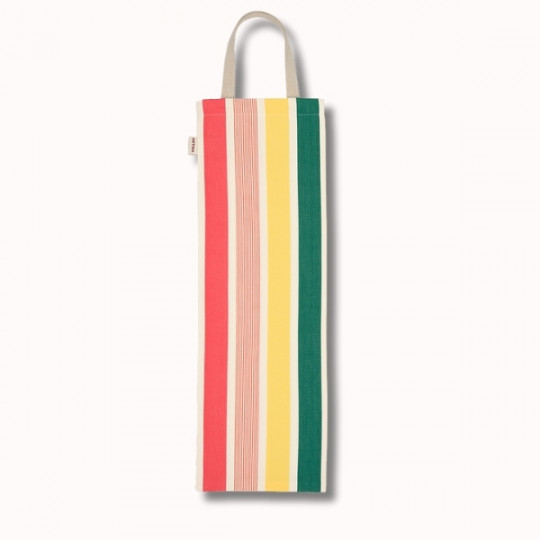 Le Sac a pain 62x21 cm (6 coloris) est un sac rectangulaire en tissu avec une poignée, présentant des rayures verticales rouges, roses, jaunes, vertes et crème sur fond blanc.
