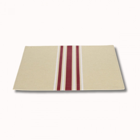 Le Set Table Enduit (6 coloris) est un set de table rectangulaire de couleur beige présentant trois bandes verticales rouges et deux fines bandes blanches au centre, sur un fond clair uni.