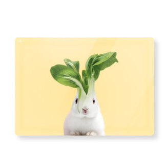 Un lapin blanc est assis sur un fond jaune pâle, avec un grand légume vert feuillu, ressemblant à des oreilles de lapin, placé sur sa tête.