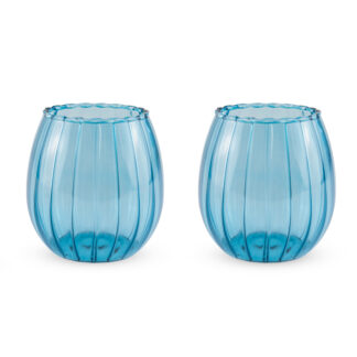 Deux verres identiques du set "Lot 2 Verres 350 ml (2 coloris)", caractérisés par des stries verticales, une forme arrondie et des bords festonnés, sont présentés côte à côte sur un fond blanc.