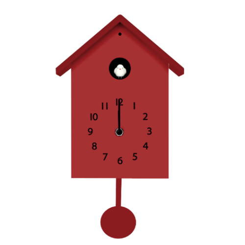 Horloge Coucou : une horloge coucou en forme de maison rouge, avec un oiseau blanc à la fenêtre, des chiffres noirs et un pendule.