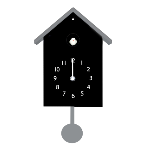 Horloge coucou noire en forme de maison, avec un oiseau blanc sur le seuil et un pendule rond.