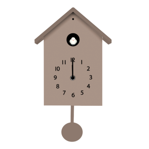 Une horloge murale « Horloge Coucou » en forme de maison, avec un oiseau dans la fenêtre du haut et un pendule suspendu en dessous.