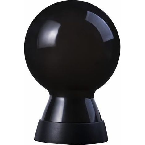 Une lampe Mr Bio de Xoopar, de couleur noire brillante, au design sphérique reposant sur un socle cylindrique court assorti, est présentée sur un fond blanc.