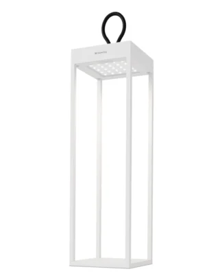 Bien sûr ! Voici une phrase réécrite intégrant les informations fournies sur le produit : La lampe LED d'extérieur rechargeable GRACE de Musterring se caractérise par un design rectangulaire minimaliste de couleur blanche, avec des côtés ouverts, un boîtier plat sur le dessus intégrant des lampes LED et une poignée circulaire noire permettant de la transporter ou de la suspendre facilement ; d'une hauteur de 50 cm, elle présente une esthétique géométrique moderne et est disponible en deux couleurs.