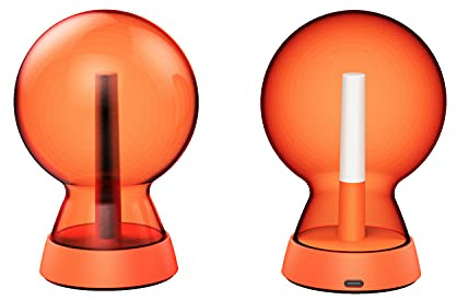 Deux récipients Mr Bio Lamp-Xoopar de couleur orange, en forme de dôme, avec leurs socles. Chacun contient un objet cylindrique : l'un est sombre, l'autre blanc. Un port USB-C est visible sur l'un des socles.