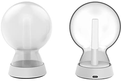 Deux vues de la lampe Mr Bio Lamp-Xoopar en verre dépoli, au design sphérique moderne et dotée d'un socle blanc : l'une de face, l'autre de dos, montrant sa partie ouverte avec son support interne et son port de recharge USB-C.
