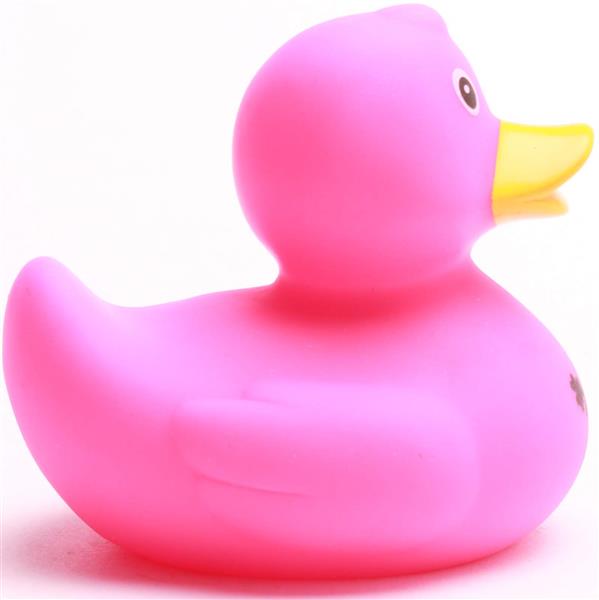 Le « Canard de bain Baby Garçon », un canard en caoutchouc rose au bec jaune, est représenté de profil sur un fond blanc.