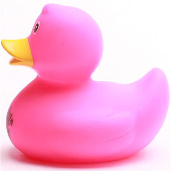 Le « Canard de bain Baby Garçon », un canard en caoutchouc rose vif au bec jaune, est représenté de profil sur un fond blanc.