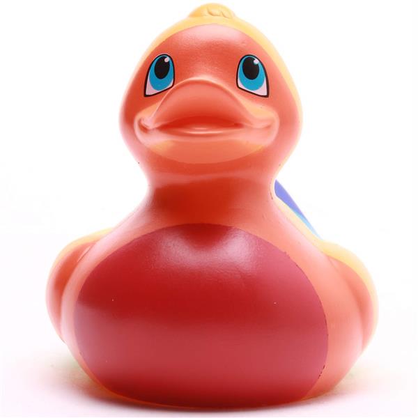 Un canard en plastique avec un corps rouge, un bec orange et de grands yeux bleus, vu de face sur un fond blanc.