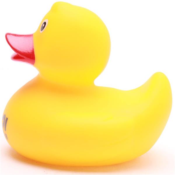 Le canard en caoutchouc « What’s up Duck ?! » est représenté de profil, tourné vers la gauche, sur un fond blanc. Il a un corps jaune et un bec rouge.