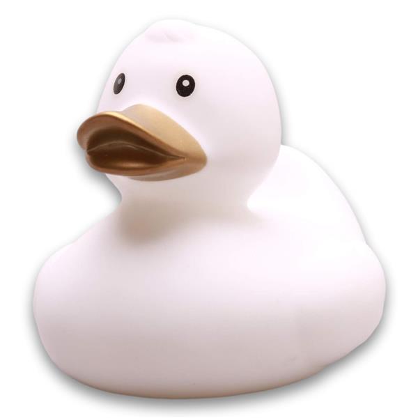 Un canard en caoutchouc blanc au bec doré et aux yeux noirs, posé sur un fond blanc.