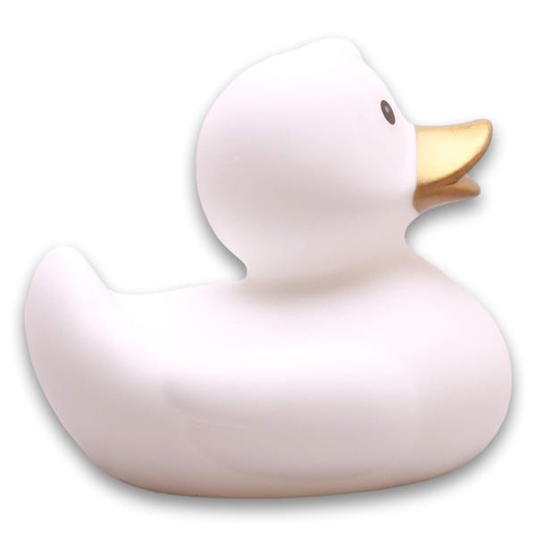 Un canard en caoutchouc blanc au bec jaune est représenté de profil sur un fond blanc uni.