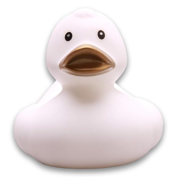Un canard en caoutchouc blanc au bec doré et aux yeux noirs, sur un fond blanc uni.