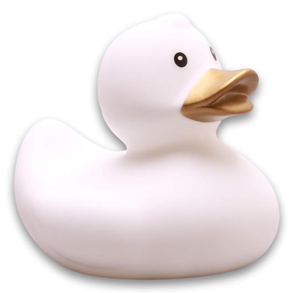 Un canard en caoutchouc blanc au bec doré, tourné vers la droite, sur fond blanc.