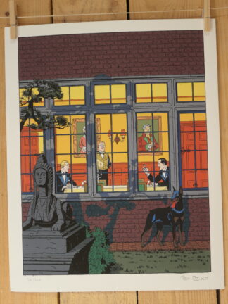 Une lithographie illustrée aux couleurs vives intitulée « Ted Benoit – Blake et Mortimer : Dîner » (40 × 50 cm) représente un chien et une statue devant un immeuble, la nuit, dont les grandes fenêtres laissent entrevoir plusieurs personnes en train de discuter et de dîner dans une pièce baignée de lumière.