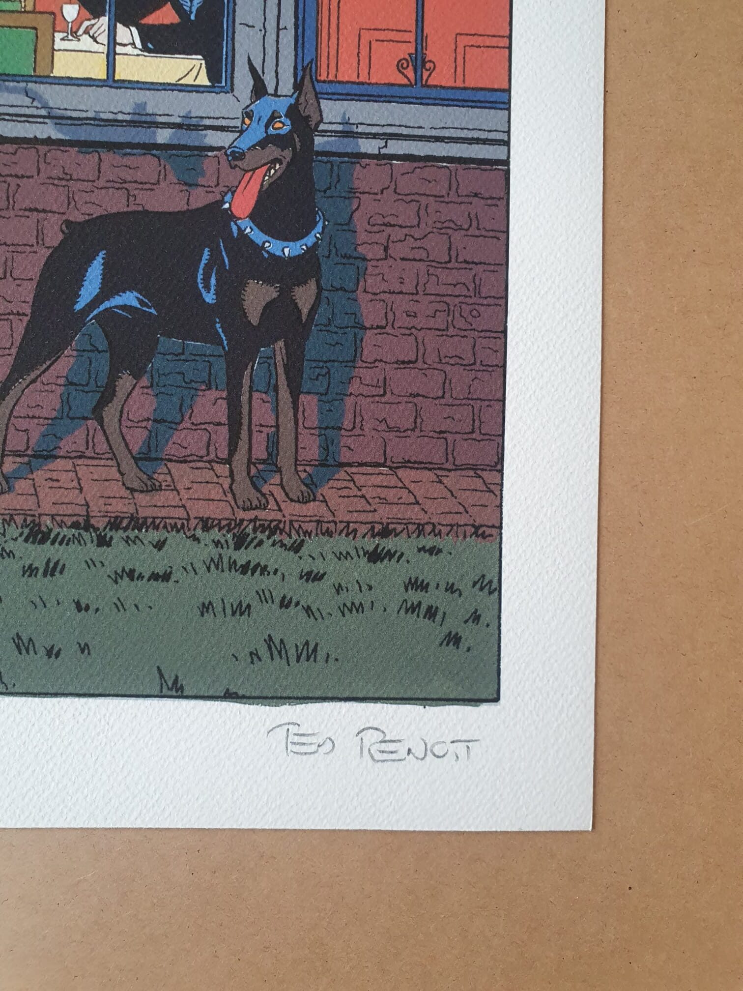 Illustration d’une scène tirée de Blake et Mortimer intitulée « Dîner », réalisée par Ted Benoit sous forme de lithographie de 40 × 50 cm. L’image est signée « Ben Benoit » au crayon sur du papier texturé.