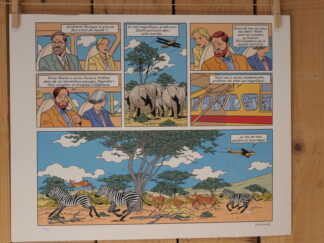 Une lithographie de bande dessinée intitulée « André Juillard – Blake et Mortimer : Planche – 40 × 50 cm » représente, dans ses cases, des éléphants, des zèbres et des antilopes dans la savane africaine, un avion jaune survolant la scène, ainsi que des personnages en train de discuter à l’intérieur de l’appareil.