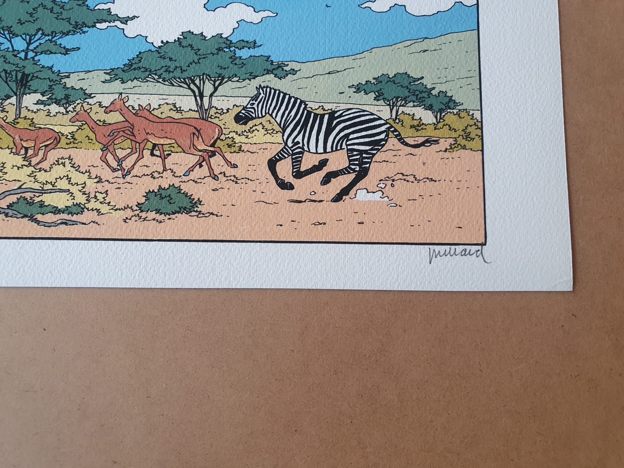 Illustration tirée de « Lithographie André Juillard – Blake et Mortimer : Planche – 40 × 50 cm » représentant un zèbre courant à travers un paysage ouvert et herbeux aux côtés de plusieurs antilopes, avec des arbres et des collines en arrière-plan. La signature de l'artiste figure dans le coin inférieur droit.
