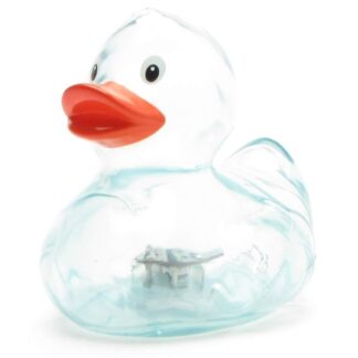 Un canard en caoutchouc transparent, doté d'un bec orange et dont les parties internes sont visibles, sur un fond blanc uni.