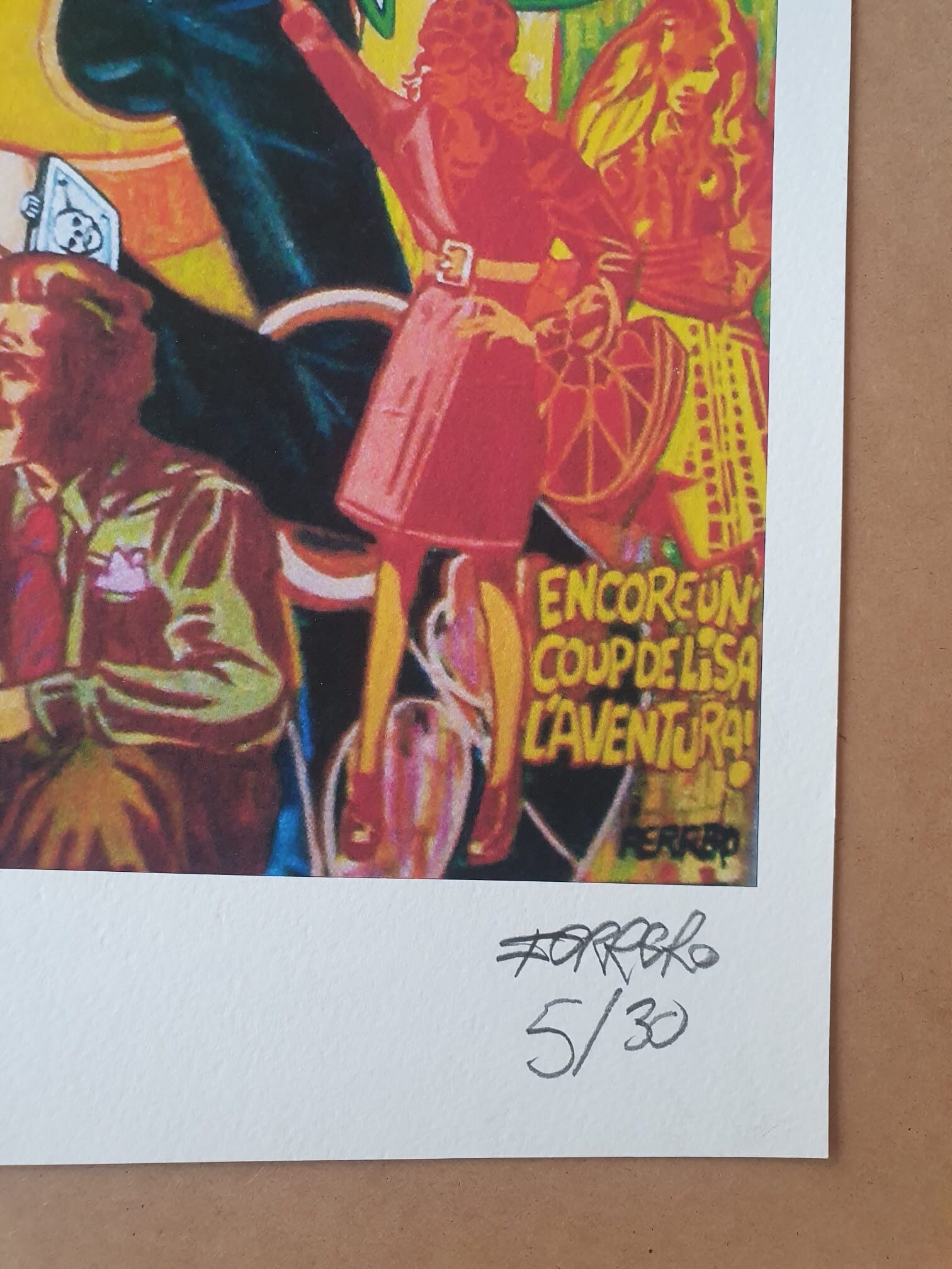 Une reproduction artistique pleine de vie, d’inspiration vintage, intitulée « Lithographie Marc Ferrero – Takatac – 50 × 70 cm », représentant des personnages dynamiques et comportant un texte en français aux caractères marqués, signée « Ferrero » et numérotée 5/30 sur la bordure blanche.