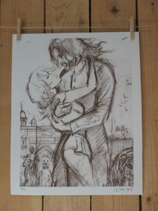Une lithographie de Jean-François Charles intitulée « Enlacés » (40 × 50 cm) représente un couple s'étreignant et s'embrassant, avec en arrière-plan des bâtiments, des personnages et un grand chien ; l'œuvre est accrochée à une ficelle et exposée sur un mur en bois.